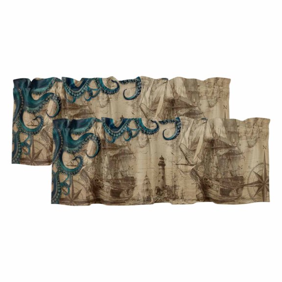2 Pack Valances for Windows 42 x 18 Inch, Nautical Blue Octopus Decorative Kitchen Curtain Valance, Coastal Ocean Summer Vintage Sea Rod Pocket Short Curtains Window Treatment for Bathroom/Cafe