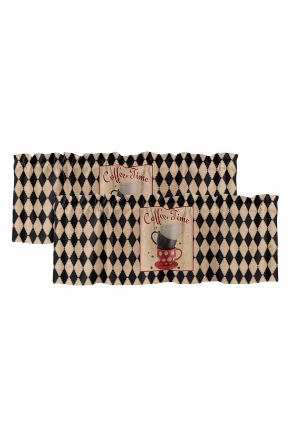 2 Pack Valances for Windows 42 x 18 Inch, Vintage Coffee Decorative Kitchen Curtain Valance, Farmhouse Red White Cups Black Plaid Rod Pocket Short Curtains Window Treatment for Bathroom/Cafe