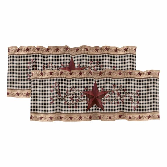 2 Pack Valances for Windows 42 x 18 Inch, Red Texas Star Farmhouse Decorative Kitchen Curtain Valance, Black Plaid Berry Country Rod Pocket Short Curtains Window Treatment for Bathroom/Cafe