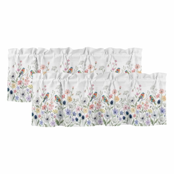2 Pack Valances for Windows 42 x 18 Inch, Spring Flowers Decorative Kitchen Curtain Valance, Colored Birds Country Floral Leaves Botanical Rod Pocket Short Curtains Window Treatment for Bathroom/Cafe