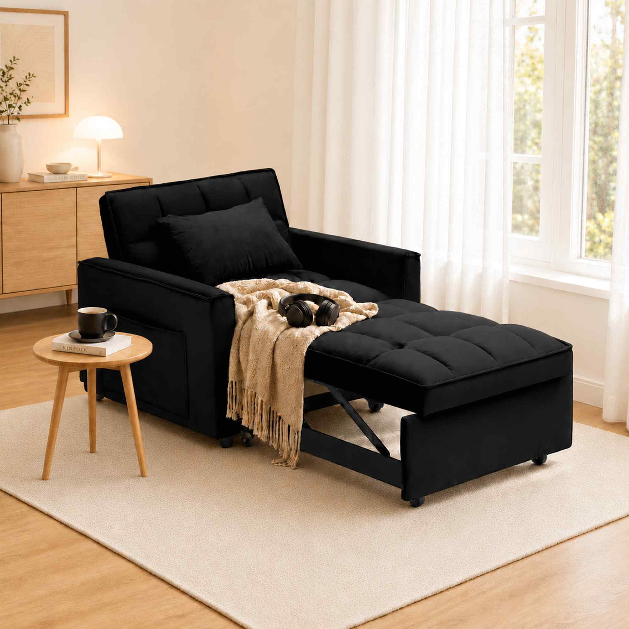 FFH Recliner Chair, Convertible Sofa Bed with Adjustable Backrest, Couch for Living Room, Bedroom, Black