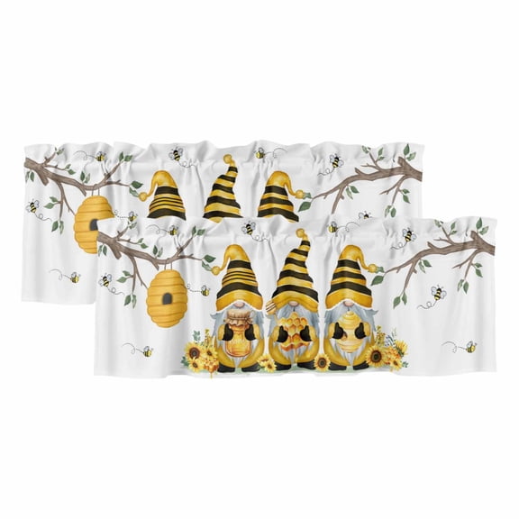 2 Pack Valances for Windows 42 x 18 Inch, Yellow Bees Gnomes Decorative Kitchen Curtain Valance, Spring Floral Branches Modern Art Rod Pocket Short Curtains Window Treatment for Bathroom/Cafe
