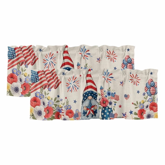 2 Pack Valances for Windows, 4th of July Window Valances for Living Room/Bedroom/Bathroom, Retro Patriotic Gnomes Flowers Flag Firework Light Filtering Kitchen Curtain Valance 60"W x18" L
