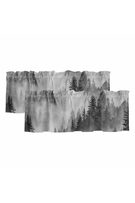 2 Pack Valances for Windows 54 x 18 Inch, Black Grey Mountain Decorative Kitchen Curtain Valance, Misty Forest Nature Woodland Pine Tree Landscape Rod Pocket Curtains Window Treatment for Bathroom