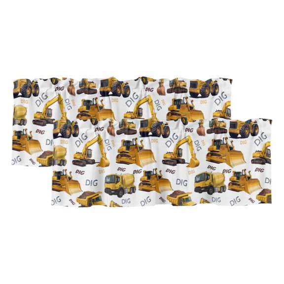 2 Pack Valances for Windows 54 x 18 Inch, Construction Truck Decorative Kitchen Curtain Valance, Cartoon Grips and Bulldozers Stirrup Car Rod Pocket Short Curtains Window Treatment for Bathroom/Cafe