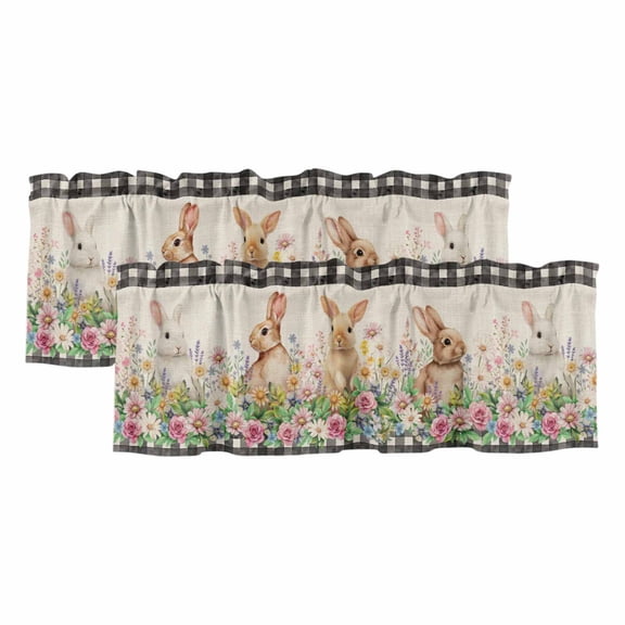 2 Pack Valances for Windows 54 x 18 Inch, Easter Bunny Decorative Kitchen Curtain Valance, Spring Flowers Leaves Cute Rabbits Pastoral Plants Rod Pocket Short Curtains Window Treatment for Bathroom