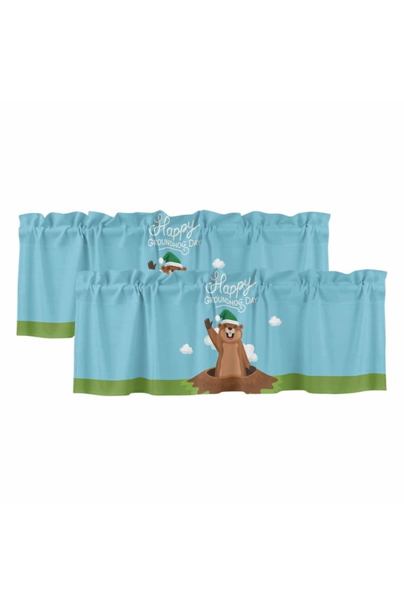 2 Pack Valances for Windows 54 x 18 Inch, Happy Groundhog Day Decorative Kitchen Curtain Valance, Cartoon Ground Hog Hole Blue Sky Country Rod Pocket Short Curtains Window Treatment for Bathroom/Cafe