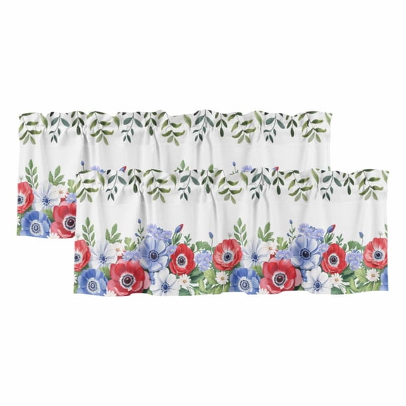 2 Pack Valances for Windows 54 x 18 Inch, Independence Day Decorative Kitchen Curtain Valance, 4th of July Patriotic Flowers Leaves Rod Pocket Short Curtains Window Treatment for Bathroom/Cafe