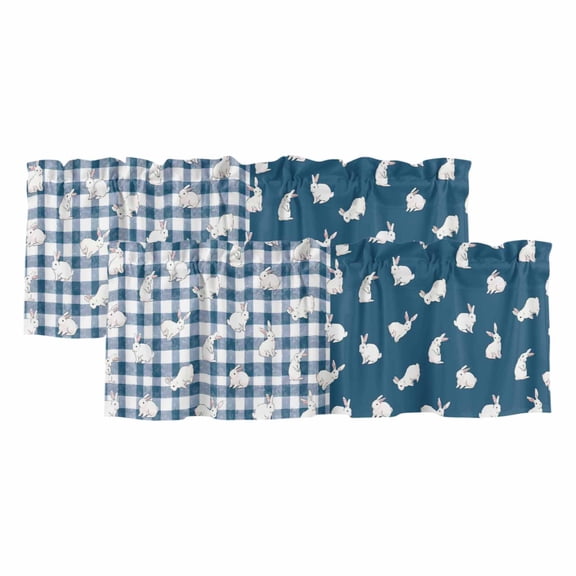 2 Pack Valances for Windows 54 x 18 Inch, Japanese Rabbits Decorative Kitchen Curtain Valance, Vintage Navy Blue Farmhouse Checkered Rod Pocket Short Curtains Window Treatment for Bathroom/Cafe