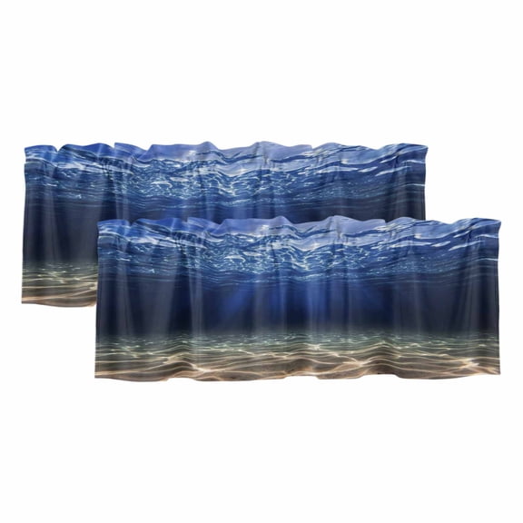 2 Pack Valances for Windows 54 x 18 Inch, Navy Blue Ocean Waves Decorative Kitchen Curtain Valance, Summer Beach Coastal Abstract Rod Pocket Short Curtains Window Treatment for Bathroom/Cafe