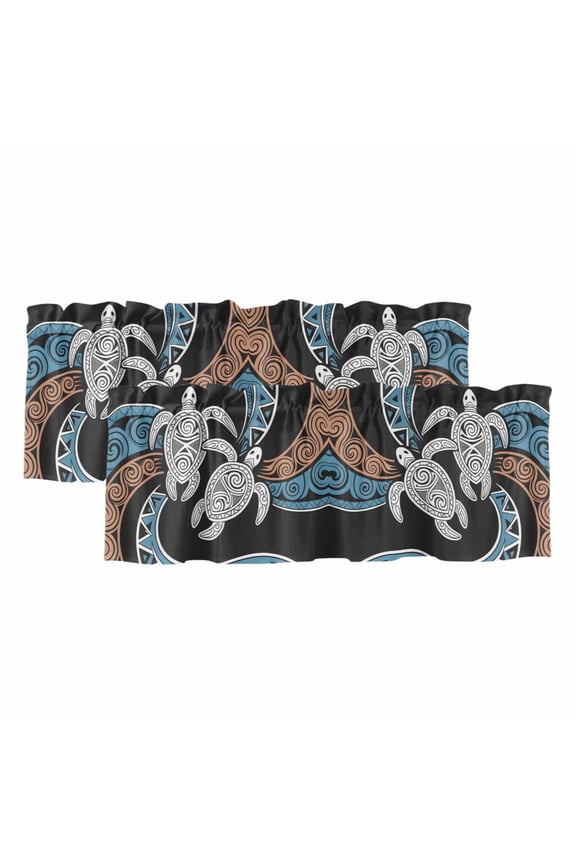 2 Pack Valances for Windows 54 x 18 Inch, Polynesia Texture Decorative Kitchen Curtain Valance, Retro Traditional Tribe Turtle Abstract Rod Pocket Short Curtains Window Treatment for Bathroom/Cafe