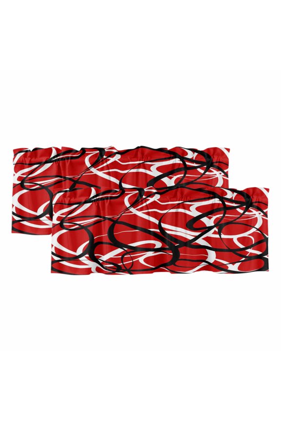2 Pack Valances for Windows 54 x 18 Inch, Red Geometric Decorative Kitchen Curtain Valance, Modern Abstract Black White Striped Lines Rod Pocket Short Curtains Window Treatment for Bathroom/Cafe