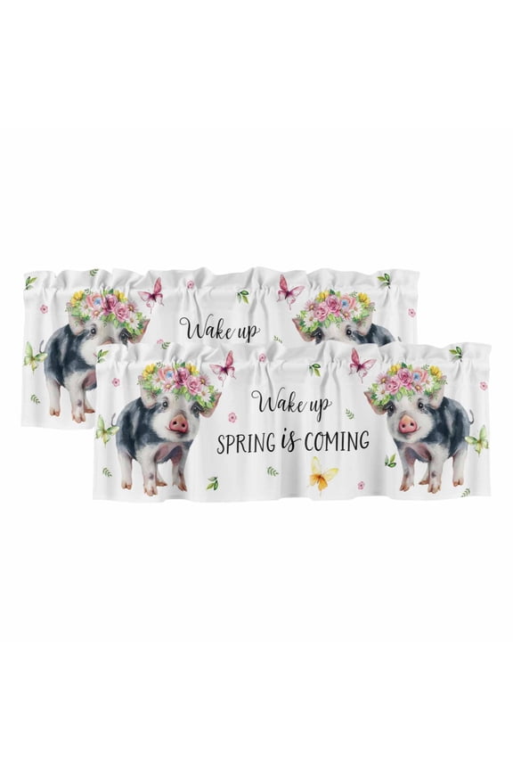 2 Pack Valances for Windows 54 x 18 Inch, Spring Pig Decorative Kitchen Curtain Valance, Butterfly Botanical Floral Summer Rod Pocket Short Curtains Window Treatment for Bathroom/Cafe