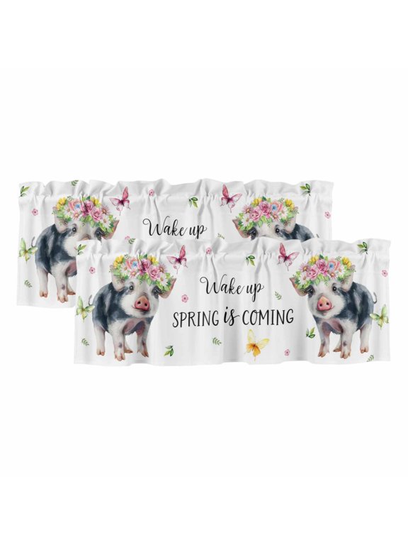 2 Pack Valances for Windows 54 x 18 Inch, Spring Pig Decorative Kitchen Curtain Valance, Butterfly Botanical Floral Summer Rod Pocket Short Curtains Window Treatment for Bathroom/Cafe