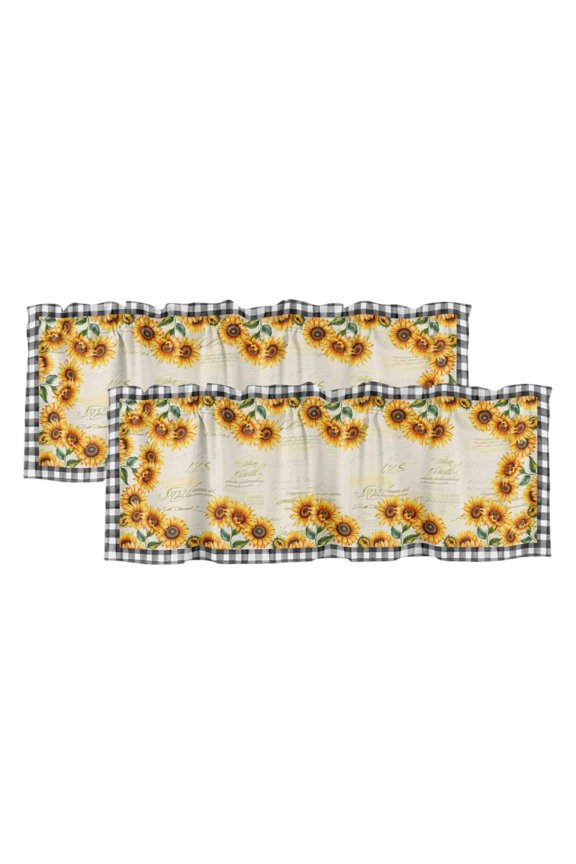2 Pack Valances for Windows 54 x 18 Inch, Sunflowers Decorative Kitchen Curtain Valance, Summer Country Botanical Yellow Flowers Plaid Rod Pocket Short Curtains Window Treatment for Bathroom/Cafe