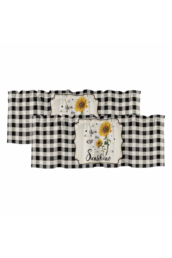 2 Pack Valances for Windows 54 x 18 Inch, Sunflowers Decorative Kitchen Curtain Valance, Yellow Floral Botanical Black White Checkered Rustic Rod Pocket Short Curtains Window Treatment for Bathroom