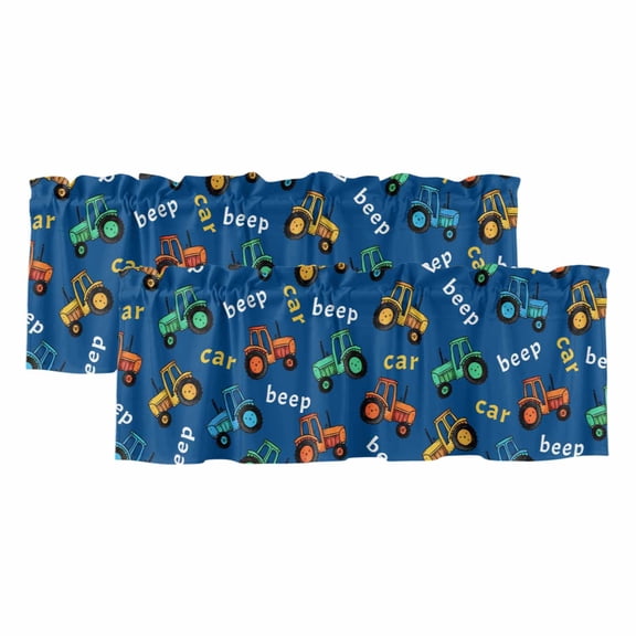 2 Pack Valances for Windows 60 x 18 Inch, Cartoon Tractor Decorative Kitchen Curtain Valance, Cute Beep Car Digger Shovel Truck Blue Rod Pocket Short Curtains Window Treatment for Bathroom/Cafe