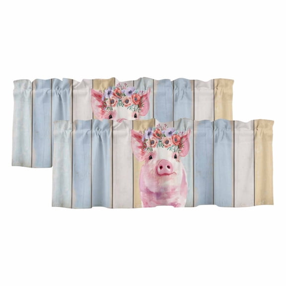2 Pack Valances for Windows 60 x 18 Inch, Farmhouse Pig Decorative Kitchen Curtain Valance, Spring Floral Farm Animal Wooden Rod Pocket Short Curtains Window Treatment for Bathroom/Cafe