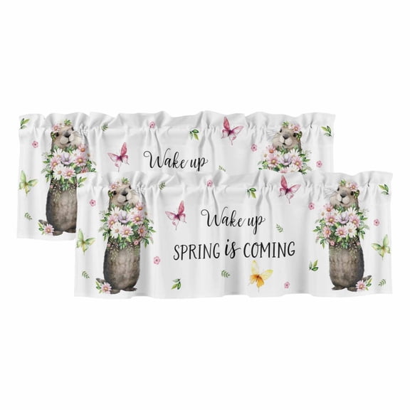 2 Pack Valances for Windows 60 x 18 Inch, Groundhog Decorative Kitchen Curtain Valance, Spring Floral Butterfly Botanical Rod Pocket Short Curtains Window Treatment for Bathroom/Cafe