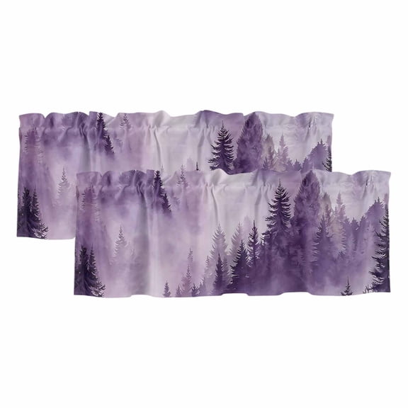 2 Pack Valances for Windows 60 x 18 Inch, Purple Mountain Decorative Kitchen Curtain Valance, Misty Forest Nature Woodland Pine Tree Landscape Rod Pocket Short Curtains Window Treatment for Bathroom