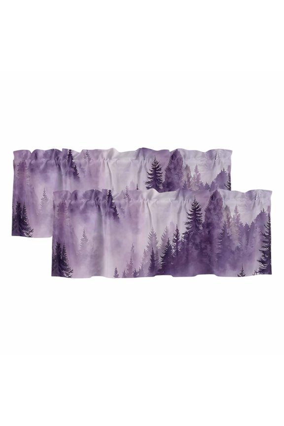 2 Pack Valances for Windows 60 x 18 Inch, Purple Mountain Decorative Kitchen Curtain Valance, Misty Forest Nature Woodland Pine Tree Landscape Rod Pocket Short Curtains Window Treatment for Bathroom