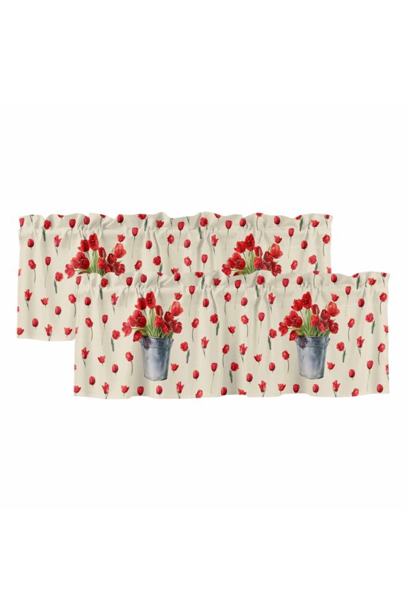 2 Pack Valances for Windows 60 x 18 Inch, Red Tulip Flowers Decorative Kitchen Curtain Valance, Spring Floral Vintage Drum Country Yellow Rod Pocket Short Curtains Window Treatment for Bathroom/Cafe