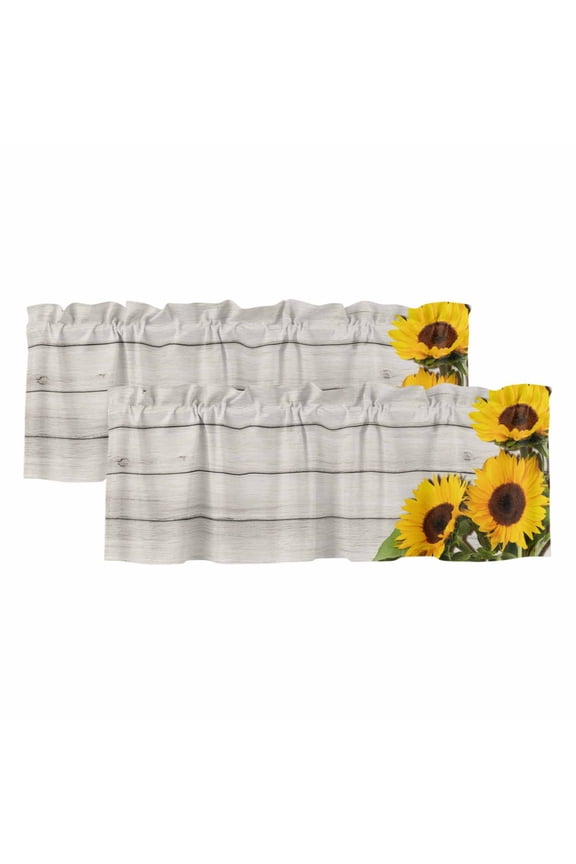 2 Pack Valances for Windows 60 x 18 Inch, Spring Sunflowers Decorative Kitchen Curtain Valance, Yellow Floral Turquoise Farmhouse Grey Wooden Rod Pocket Short Curtains Window Treatment for Bathroom