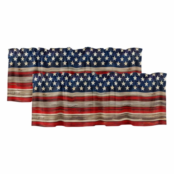 2 Pack Valances for Windows, American Flag Window Valances for Living Room/Bedroom/Bathroom, Vintage USA Flag Wooden Light Filtering Kitchen Curtain Valance Window Treatment 42"W x12" L
