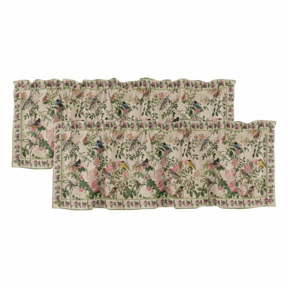 2 Pack Valances for Windows, Beige Spring Floral Window Valances for Living Room/Bedroom/Bathroom, Elegant Pastoral Flowers Birds Watercolor Light Filtering Kitchen Curtain Valance 42"W x12" L