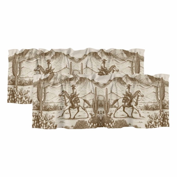 2 Pack Valances for Windows, Beige Western Farmhouse Window Valances for Living Room/Bedroom/Bathroom, Vintage Cowboys Cactus Light Filtering Kitchen Curtain Valance Window Treatment 60"W x18" L