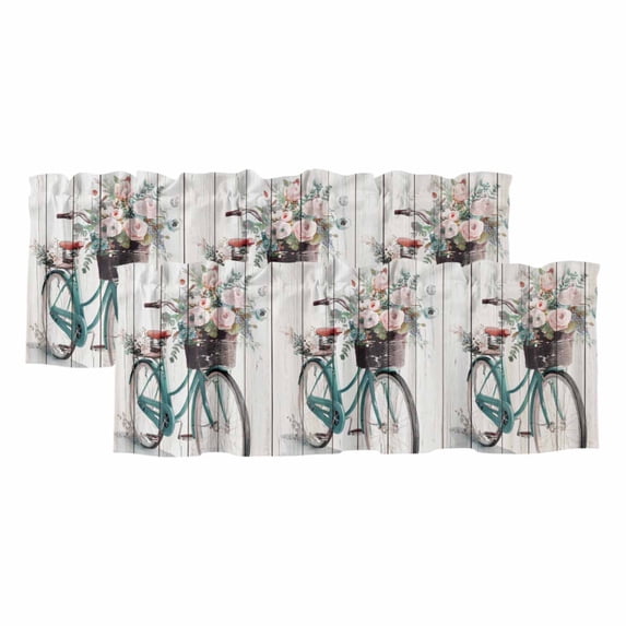 2 Pack Valances for Windows, Bicycles Window Valances for Living Room/Bedroom/Bathroom, Country Vehicle Botanical Flowers Wooden Plank Light Filtering Kitchen Curtain Valance 42"W x18" L