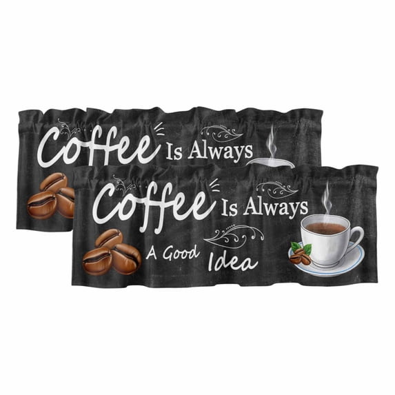 2 Pack Valances for Windows, Black Coffee Vintage Window Valances for Living Room/Bedroom/Bathroom, Farmhouse Coffee Cup Bean Light Filtering Kitchen Curtain Valance Window Treatment 42"W x12" L