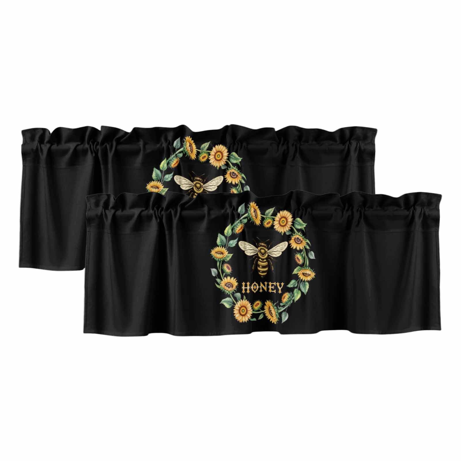 2 Pack Valances for Windows, Black Sunflowers Bees Window Valances for ...