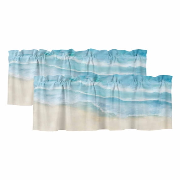 2 Pack Valances for Windows, Blue Beige Waves Window Valances for Living Room/Bedroom/Bathroom, Summer Beach Coastal Nautical Ocean Light Filtering Kitchen Curtain Valance 42"W x18" L