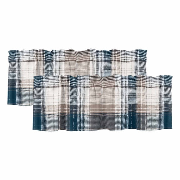 2 Pack Valances for Windows, Blue Brown Plaid Window Valances for Living Room/Bedroom/Bathroom, Modern Abstract Striped Gingham Checked Light Filtering Kitchen Curtain Valance 42"W x12" L