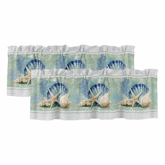 2 Pack Valances for Windows, Blue Coastal Starfish Window Valances for Living Room/Bedroom/Bathroom, Grey Sage Green Nautical Coral Summer Light Filtering Kitchen Curtain Valance 54"W x18" L