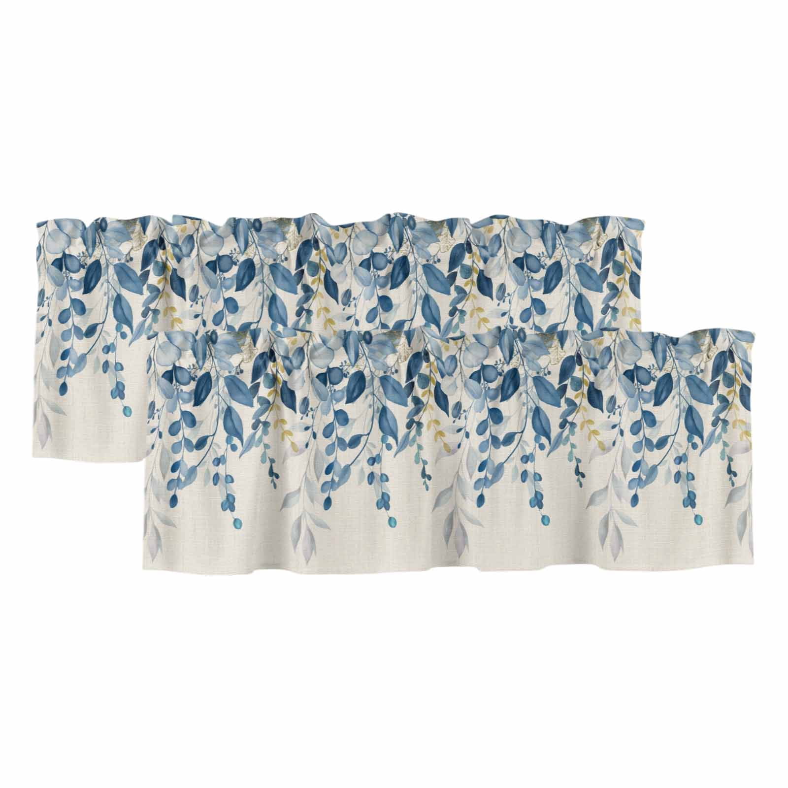 2 Pack Valances for Windows, Blue Eucalyptus Window Valances for Living Room/Bedroom/Bathroom, Farmhouse Weeping Leaves Linen Light Filtering Kitchen Curtain Valance Window Treatment 42"W x18" L