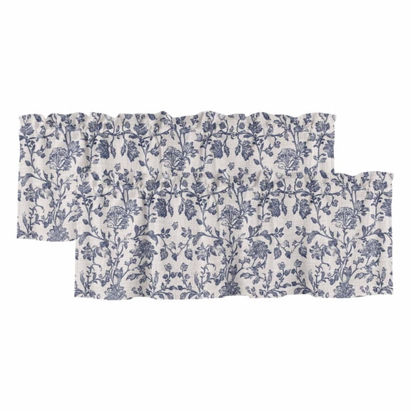2 Pack Valances for Windows, Blue Floral Leaf Window Valances for Living Room/Bedroom/Bathroom, Retro Farmhouse Plant Tree Branch Light Filtering Kitchen Curtain Valance Window Treatment 42"W x12" L