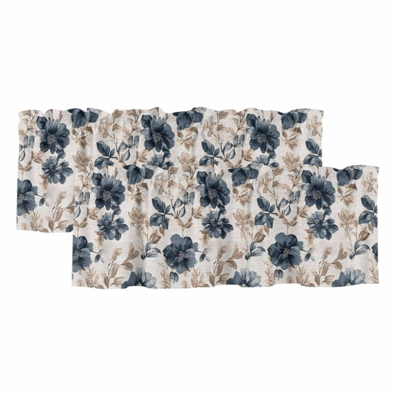 2 Pack Valances for Windows, Blue Florals Window Valances for Living Room/Bedroom/Bathroom, Farmhouse Botanical Peonies Vintage Brown Leaves Light Filtering Kitchen Curtain Valance 42"W x12" L