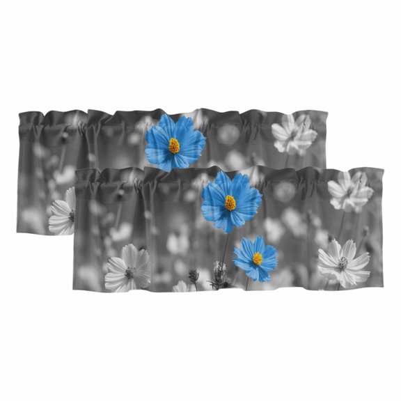 2 Pack Valances for Windows, Blue Grey Daisy Window Valances for Living Room/Bedroom/Bathroom, Farmhouse Flowers Abstract Country Light Filtering Kitchen Curtain Valance Window Treatment 60"W x18" L