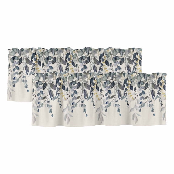 2 Pack Valances for Windows, Blue Grey Eucalyptus Window Valances for Living Room/Bedroom/Bathroom, Farmhouse Weeping Leaves on Linen Light Filtering Kitchen Curtain Valance 42"W x12" L