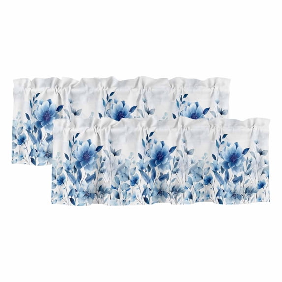 2 Pack Valances for Windows, Blue Ombre Floral Window Valances for Living Room/Bedroom/Bathroom, Spring Elegant Flowers Watercolor Light Filtering Kitchen Curtain Valance 54"W x18" L