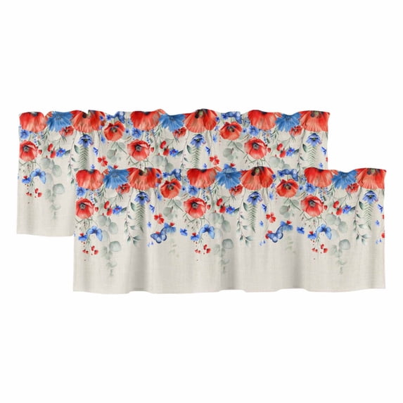 2 Pack Valances for Windows, Blue Red Flowers Window Valances for Living Room/Bedroom/Bathroom, Elegant Spring Floral Butterfly Rustic Light Filtering Kitchen Curtain Valance 54"W x18" L
