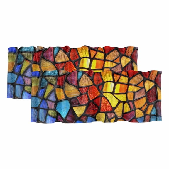 2 Pack Valances for Windows, Blue Red Yellow Window Valances for Living Room/Bedroom/Bathroom, Modern Colored Rainbow Stained Glass Light Filtering Kitchen Curtain Valance 42"W x12" L