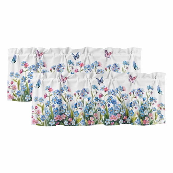 2 Pack Valances for Windows, Blue Spring Floral Window Valances for Living Room/Bedroom/Bathroom, Pink Flowers Butterfly Pastoral Light Filtering Kitchen Curtain Valance Window Treatment 42"W x18" L