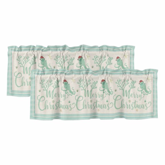 2 Pack Valances for Windows, Blue Teal Coastal Christmas Window Valances for Living Room/Bedroom/Bathroom, Xmas Coral Nautical Snowflake Light Filtering Kitchen Curtain Valance 42"W x12" L