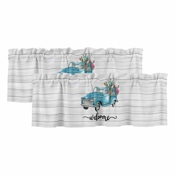 2 Pack Valances for Windows, Blue Truck Window Valances for Living Room/Bedroom/Bathroom, Sunmmer Car Tropical Plants Cactus Wooden Light Filtering Kitchen Curtain Valance 54"W x18" L