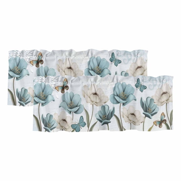 2 Pack Valances for Windows, Blue Tulips Window Valances for Living Room/Bedroom/Bathroom, Watercolor Flowers Butterfly Spring Farmhouse Blue Light Filtering Kitchen Curtain Valance 42"W x12" L