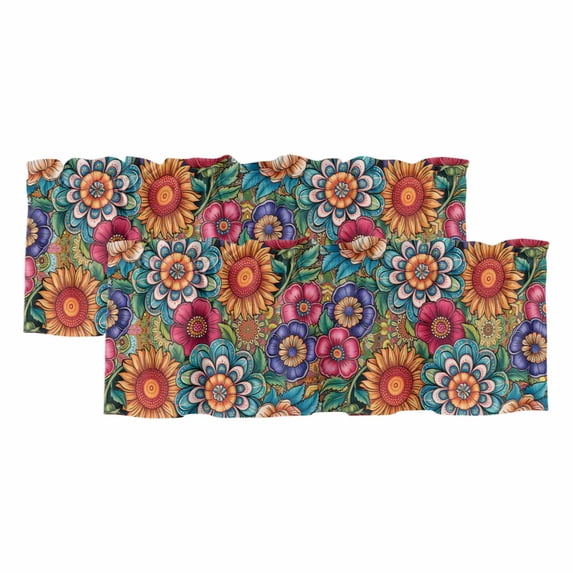 2 Pack Valances for Windows, Boho Teal Flower Window Valances for Living Room/Bedroom/Bathroom, Spring Bohemia Chic Red Yellow Floral Light Filtering Kitchen Curtain Valance 42"W x18" L