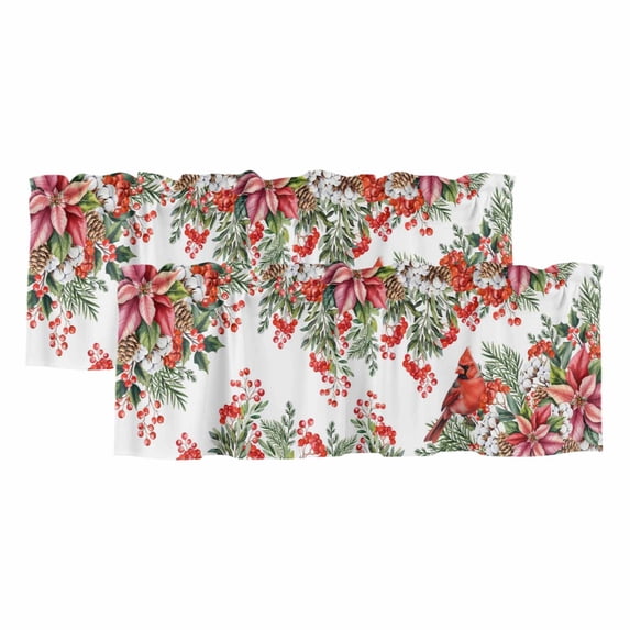 2 Pack Valances for Windows, Cardinal Bird Window Valances for Living Room/Bedroom/Bathroom, Winter Poinsettia Berry Pine Cones Floral Light Filtering Kitchen Curtain Valance 42"W x18" L